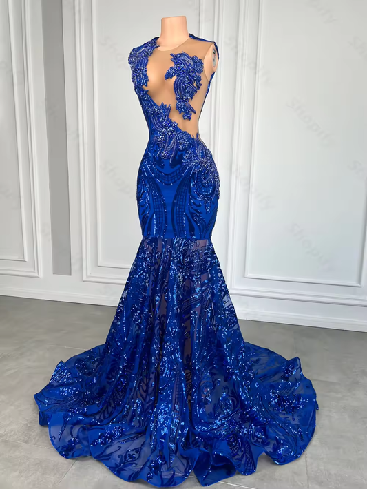 Elegant Royal Blue Mermaid Prom Dress For Black Girl Sparkly Lace Sequined African Women Long Prom Birthday Gowns Customized
