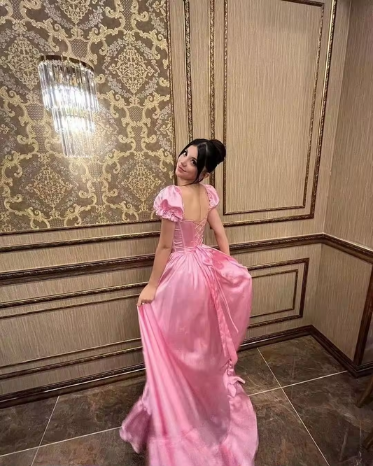 custom Elegnant A-line Pink Princess Corset Dress Birthday Evening Party Dresses with Ruffled Leg Split Special Occasion Gown