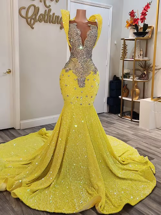 Luxurious Yellow Sequin Mermaid Prom Dresses with Rhinestones Mermaid Black Girls Long Sparkly Prom Gowns 2025 Customized