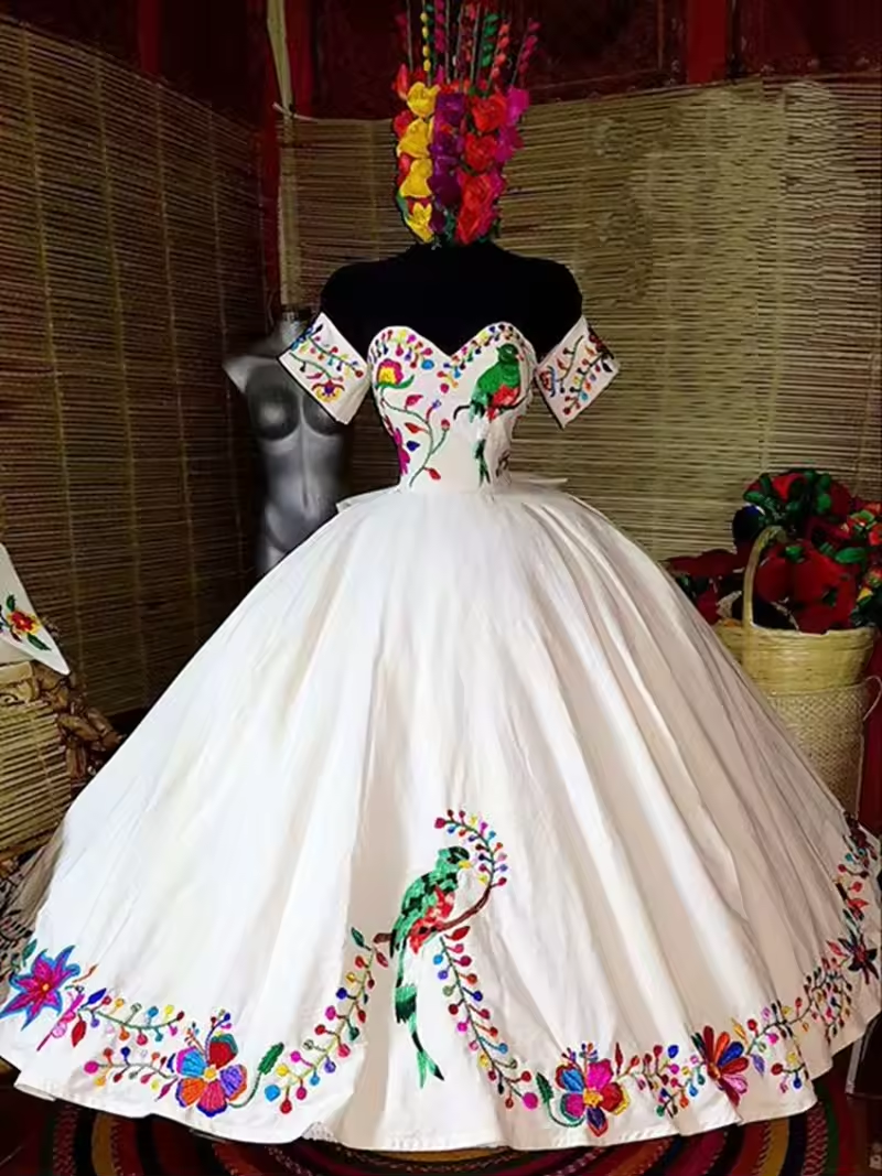 Vintage White Bird Colorful Flower Embroidery XV Mexican Quinceanera Wedding Dresses for WomenTeen Girls Vestdo De 15 Anos 2025