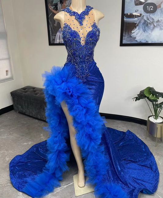 2025 Royal Blue Prom Dress Black Girls Long Mermaid Ruffle Gown Beaded Lace High Slit