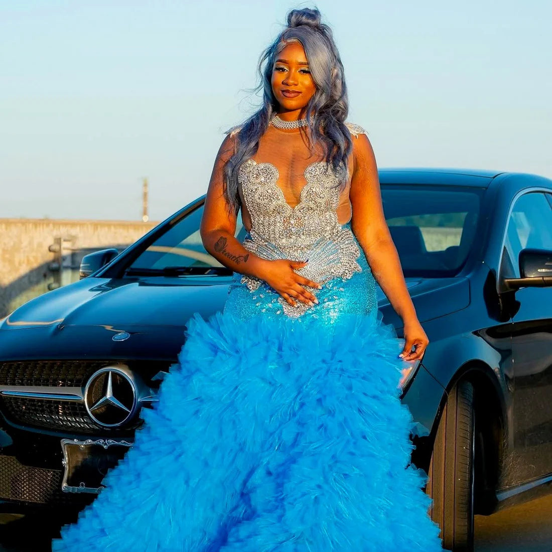 Robe de bal longue noire pour filles, style sirène, paillettes, perles et cristaux, robe de soirée d'anniversaire, personnalisée