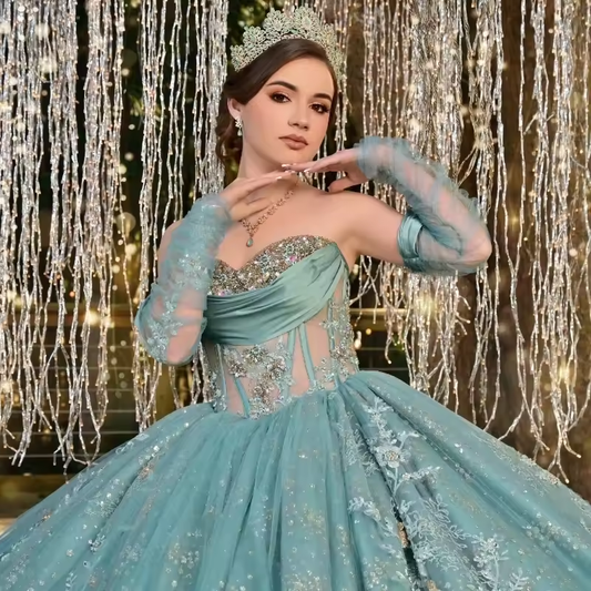 Aqua Blue Shiny Ball Gown Quinceanera Dress Off The Shoulder Sequined Appliques Lace Beads Crystal Tull Vestidos De 15 Años