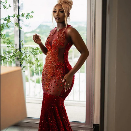 Long Prom Dress For Black Girls Mermaid Sequined Beaded Crystals Birthday Party Dresses Evening Gown Customized