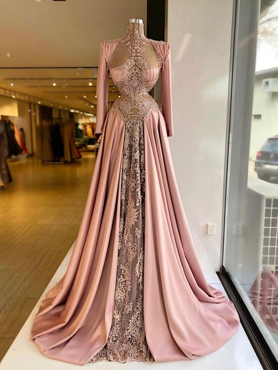 Robe de soirée rose à col haut, manches longues, dentelle appliquée, coupe trapèze, perles, robe de bal formelle, sur mesure, grande taille, tenue de concours