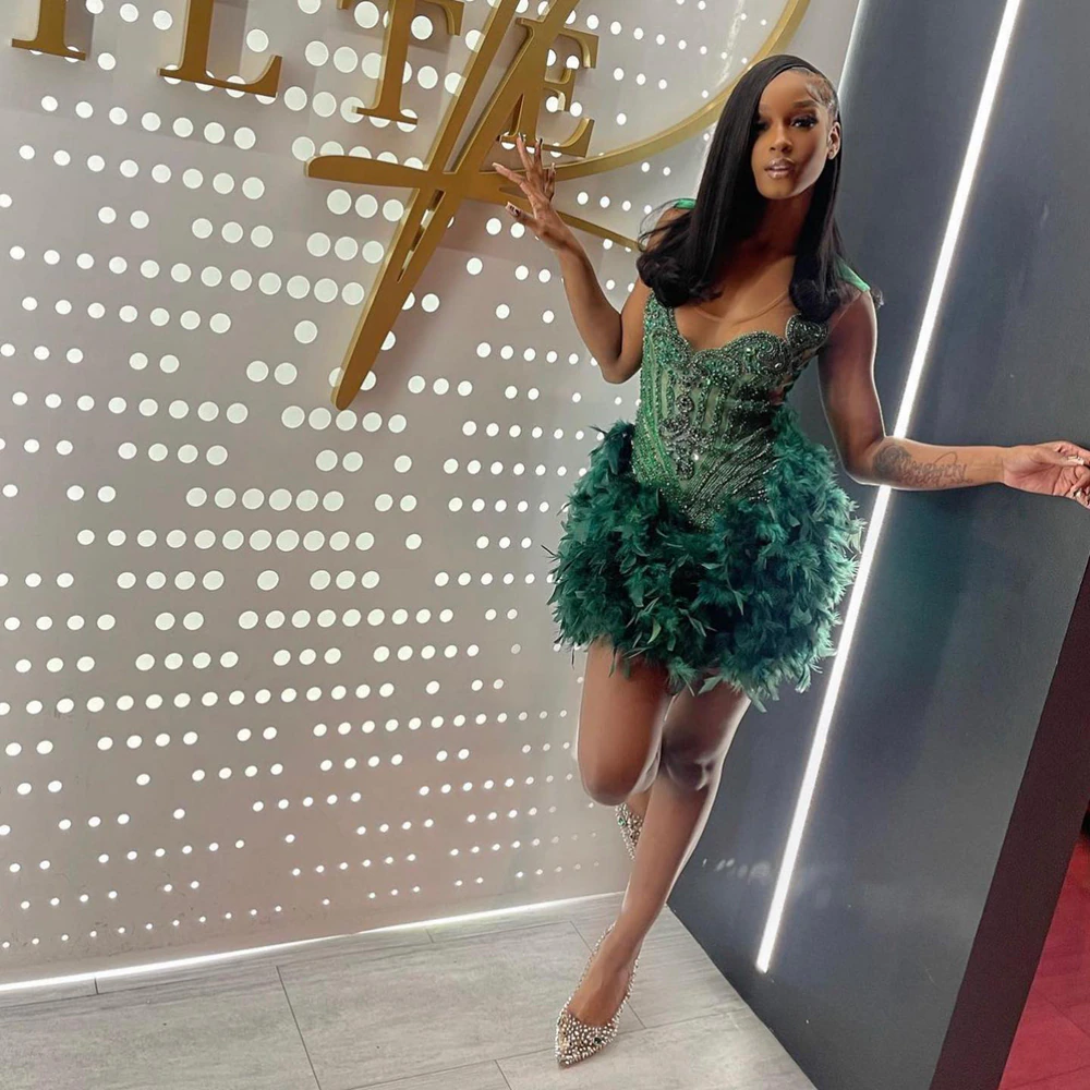 Robe de soirée courte de luxe noire pour filles, tenue de soirée formelle, d'anniversaire, vert émeraude, avec plumes