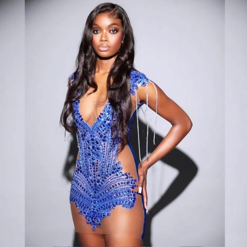 Robe de bal bleue à strass, robe de soirée noire ajustée avec perles, robe de soirée de remise de diplôme, robe de cocktail