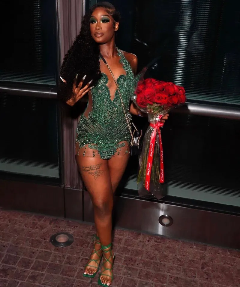 Robe de bal verte sexy pour femme, transparente, avec strass, tenue de soirée africaine, tenue de remise de diplôme, tenue d'anniversaire noire pour filles