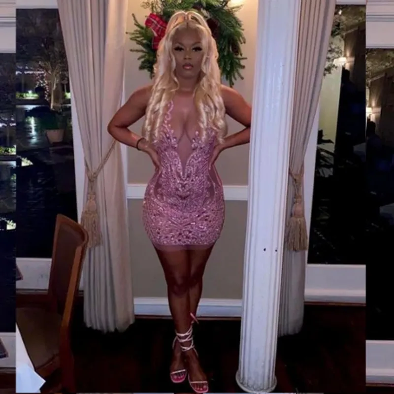 Robes d'anniversaire roses à strass pour filles noires, col transparent, robes de bal courtes, tenues de fête, robes de gala pour