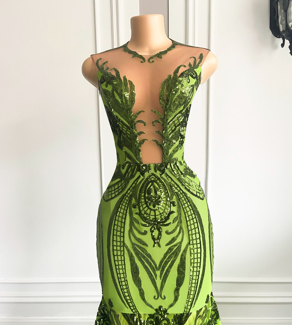 Robe de bal longue scintillante, style sirène sexy, col rond transparent, vert menthe, noire, pour fille
