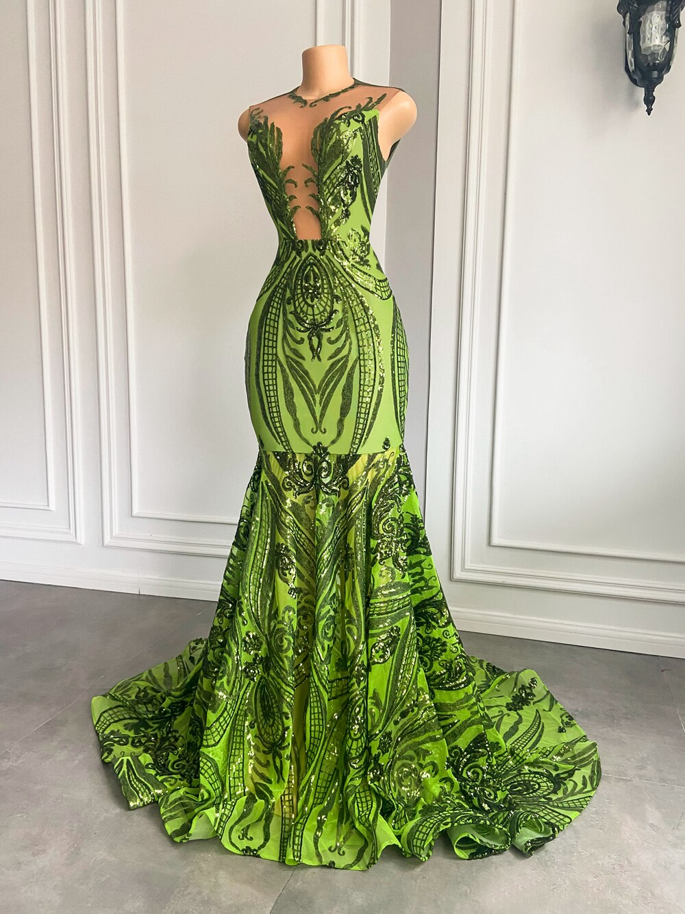 Robe de bal longue scintillante, style sirène sexy, col rond transparent, vert menthe, noire, pour fille