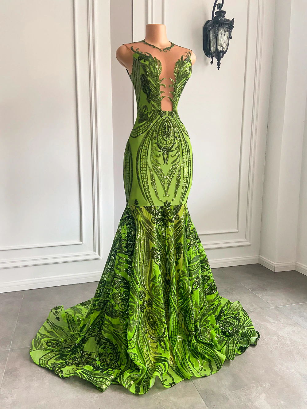 Robe de bal longue scintillante, style sirène sexy, col rond transparent, vert menthe, noire, pour fille