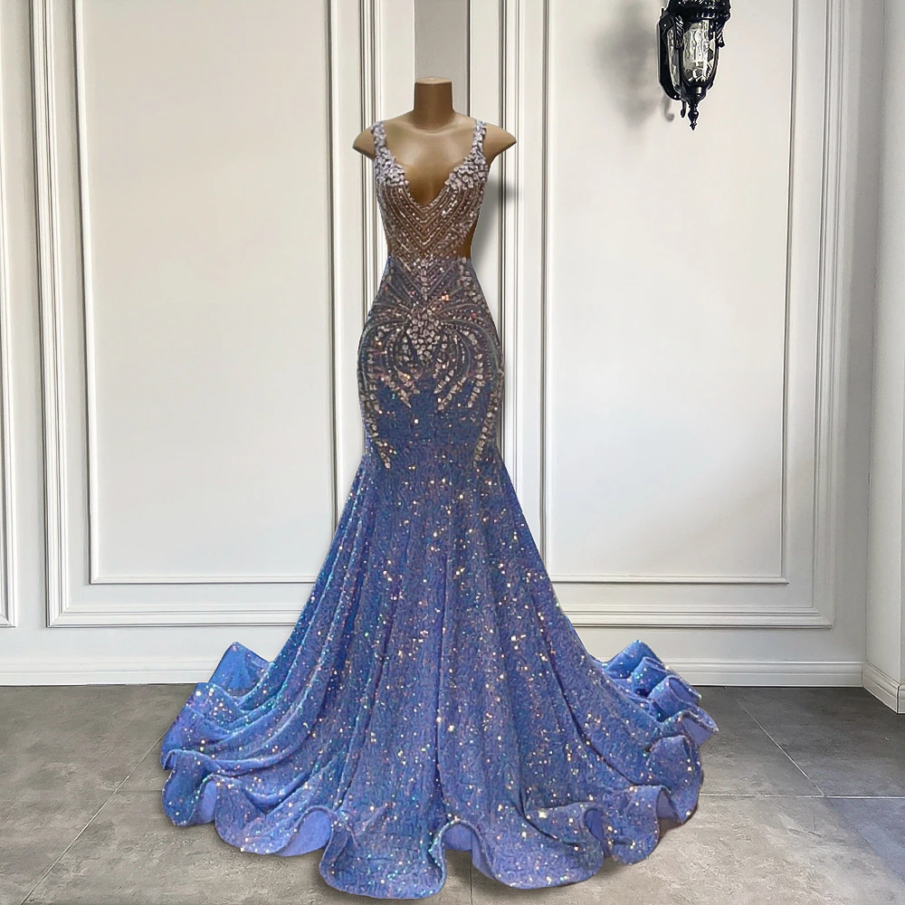 Vestidos de fiesta largos de lujo con brillantes cristales plateados estilo sirena, azul claro y negro, para niñas.