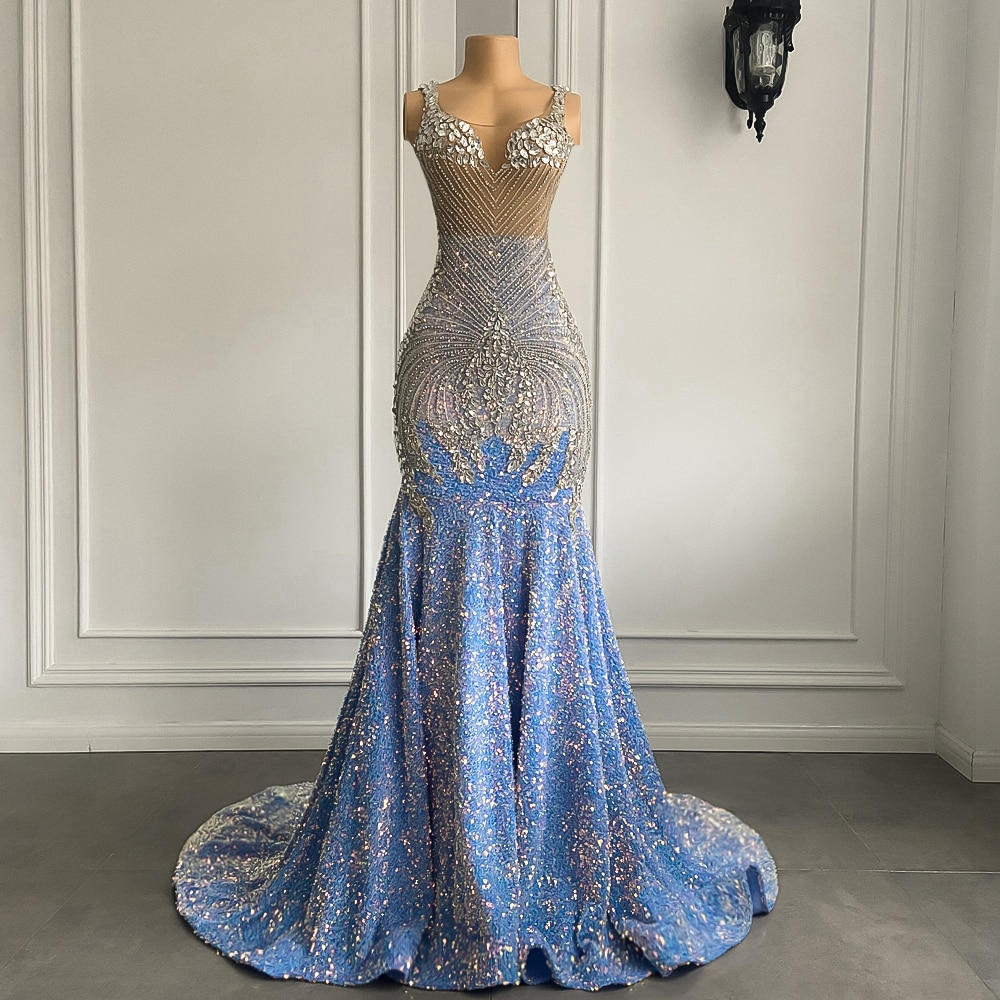Vestidos de fiesta largos de lujo con brillantes cristales plateados estilo sirena, azul claro y negro, para niñas.