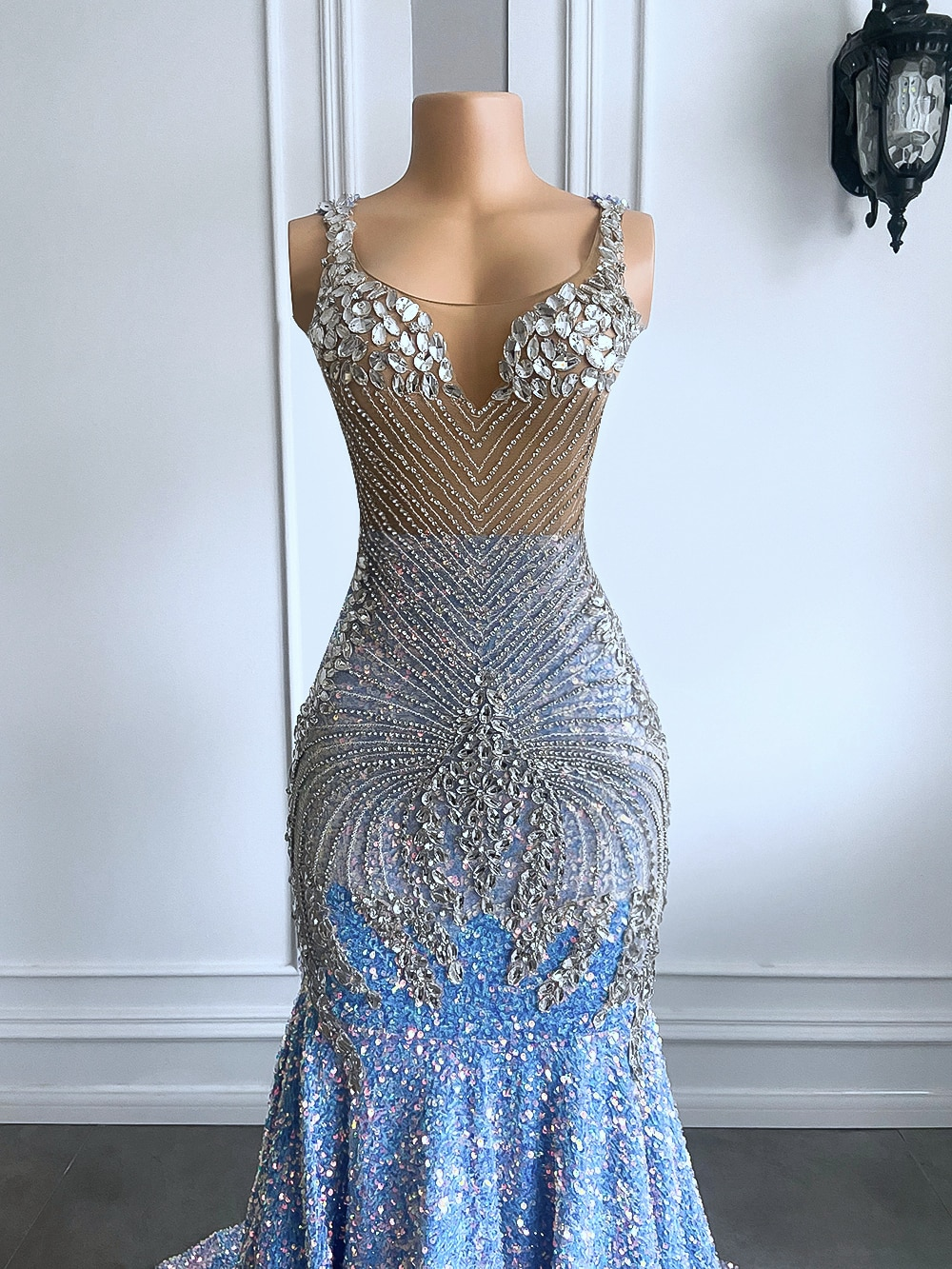 Vestidos de fiesta largos de lujo con brillantes cristales plateados estilo sirena, azul claro y negro, para niñas.