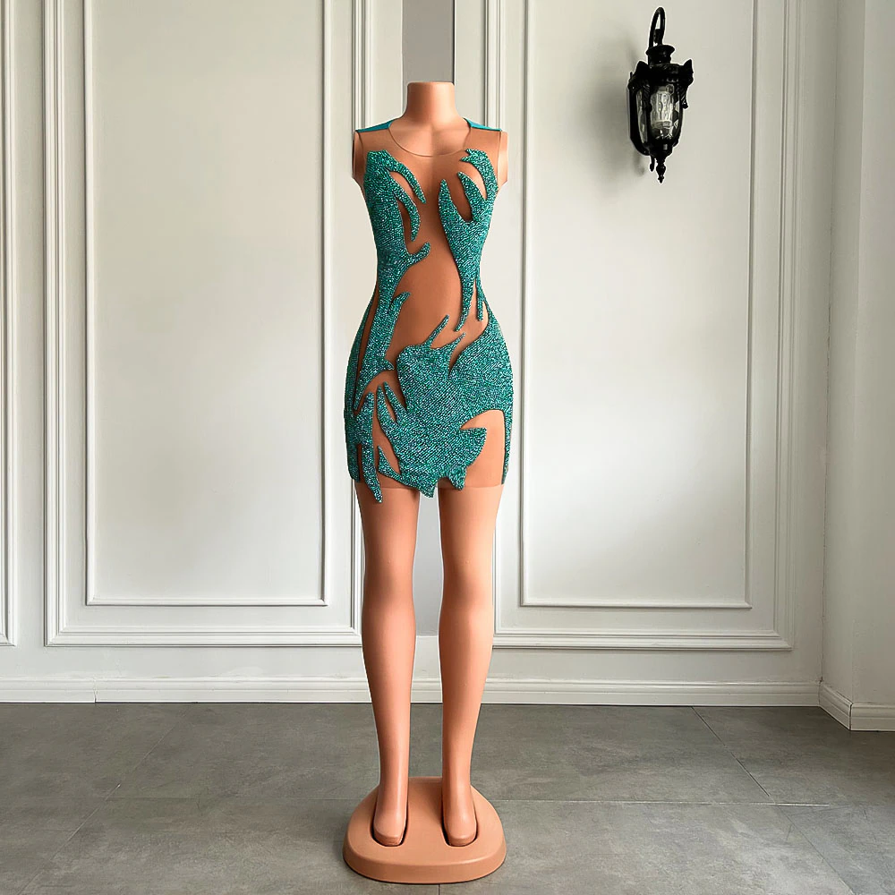 Robe de soirée courte et sexy pour femme, transparente, avec cristaux bleus et noirs