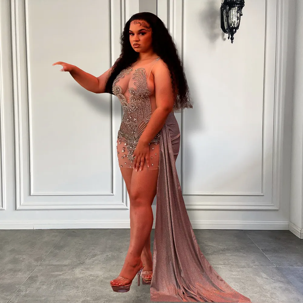 Plus Size See Through Luxury Sparkly Crystals Women Birthday Party Gow CHUMUSE Plus Size See Through Luxury Sparkly Crystals Women Birthday Party Gow CHUMUSE