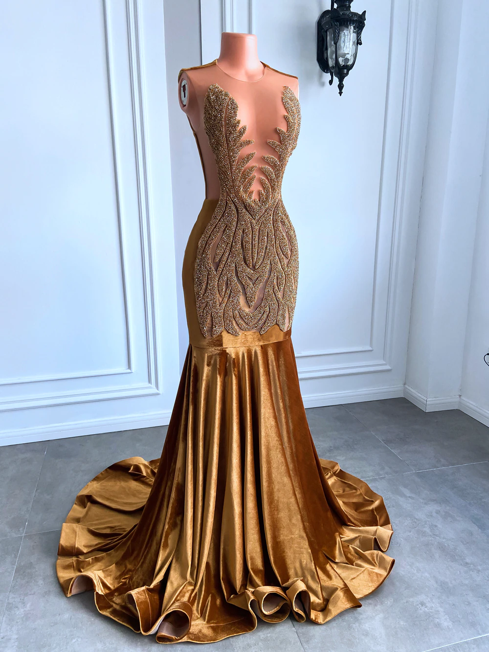 Robe de bal longue dorée, haut transparent, luxueuse, scintillante, en velours, style sirène, robe de soirée ou de gala.