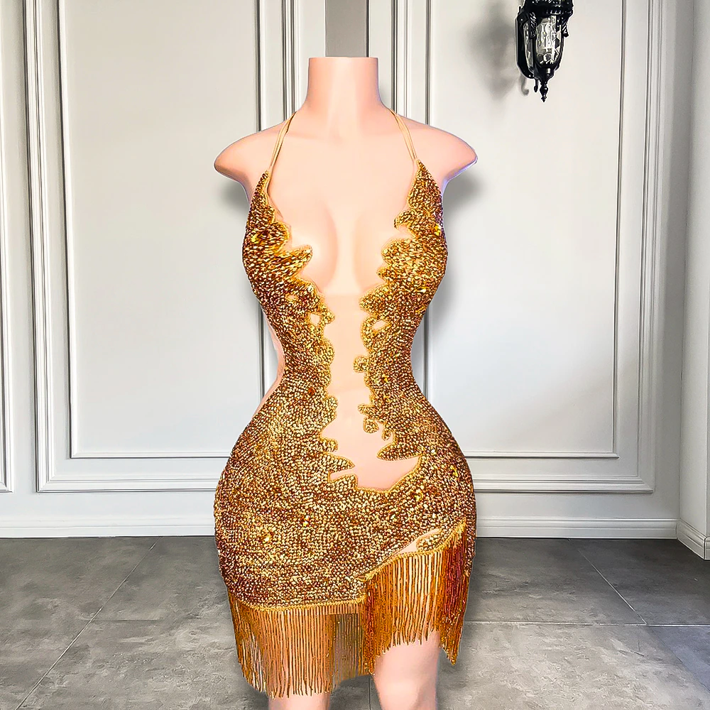 Sparkly Diamond Sexy Sheer See Through Halter Black Girls Mini Gold Sh CHUMUSE Sparkly Diamond Sexy Sheer See Through Halter Black Girls Mini Gold Sh CHUMUSE