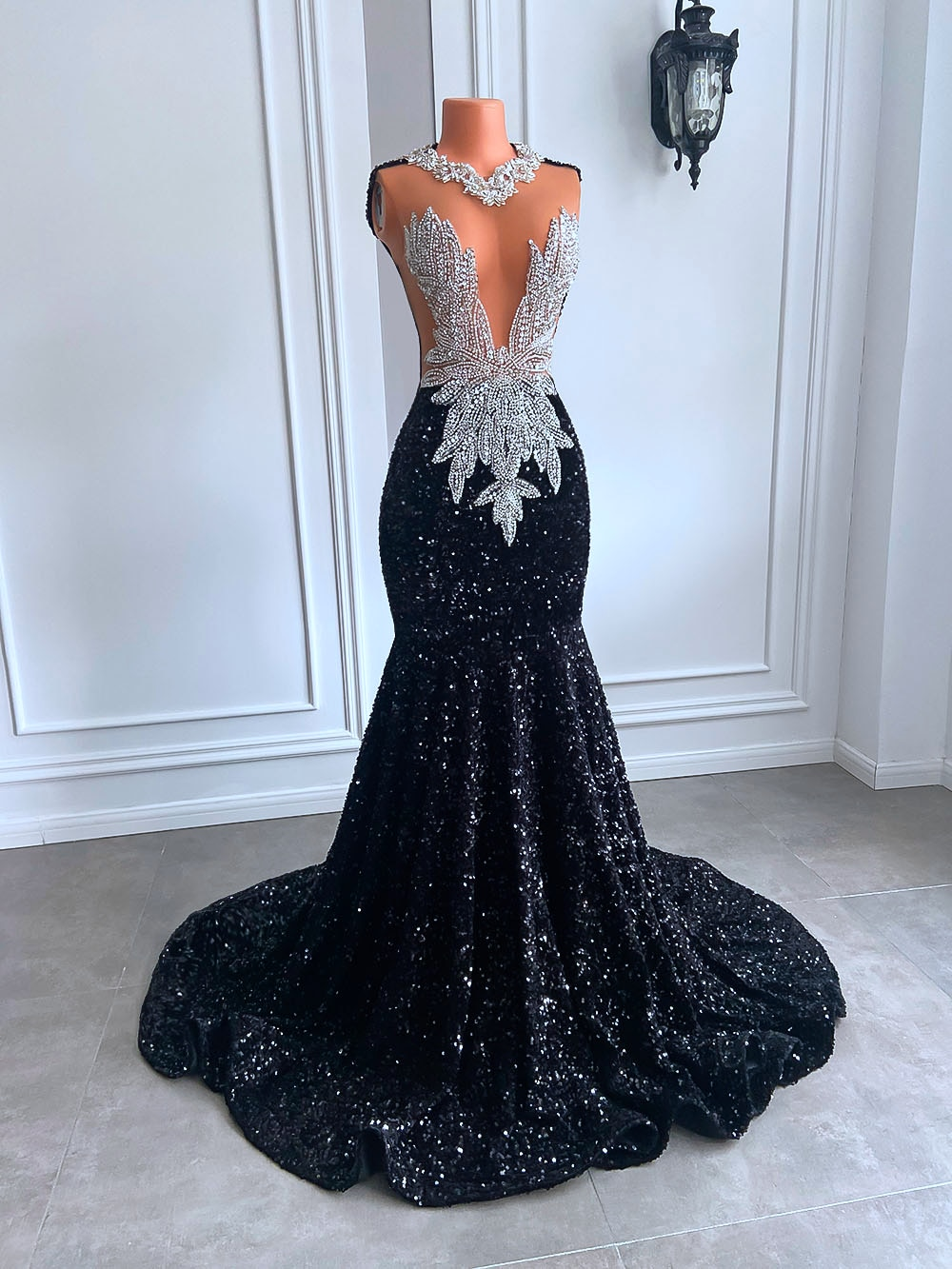 Long Black Prom Dresses Sexy Mermaid Style Luxury Sparkly Beaded Diamond Sequined African Girl Prom Gala Formal Gowns