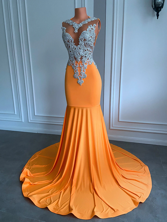 Long Orange Prom Dresses Sexy Mermaid Style Fitted Silver Beaded Embroidery Orange Spandex Black Girl Prom Formal Gowns