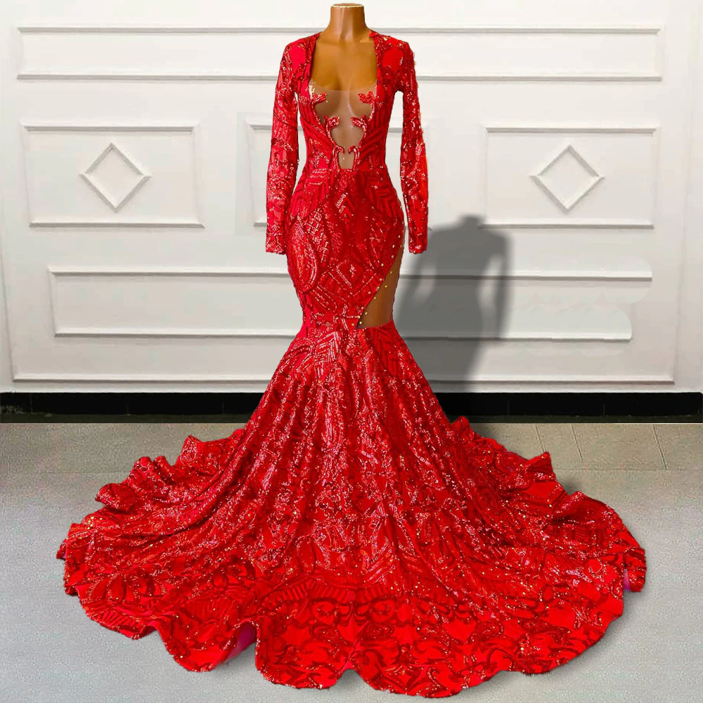 Sparkly Sequin Red Mermaid Long Prom Dresses for Graduation Party Full –  CHUMUSE