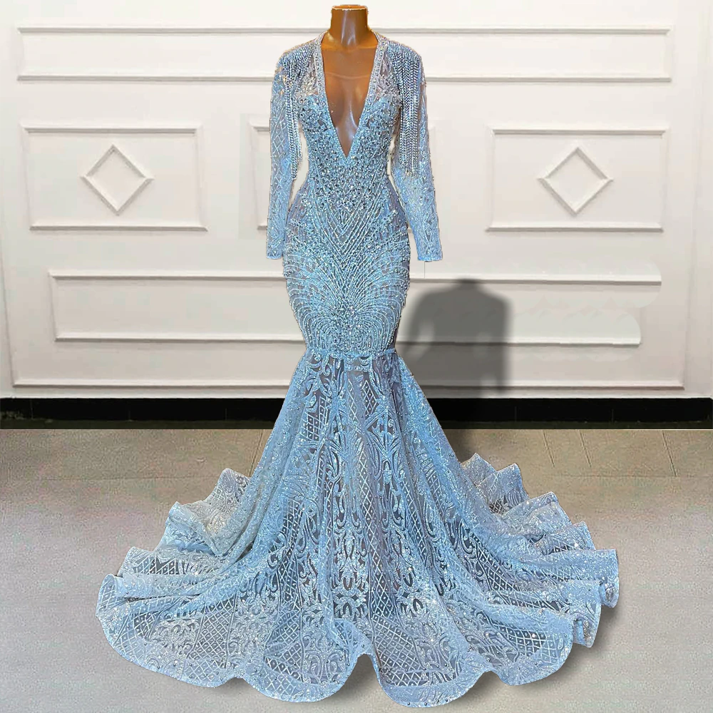 Luxury Black Girl Mermaid Long Prom Dresses Sparkly Sequined Beaded Fu CHUMUSE Luxury Black Girl Mermaid Long Prom Dresses Sparkly Sequined Beaded Fu CHUMUSE