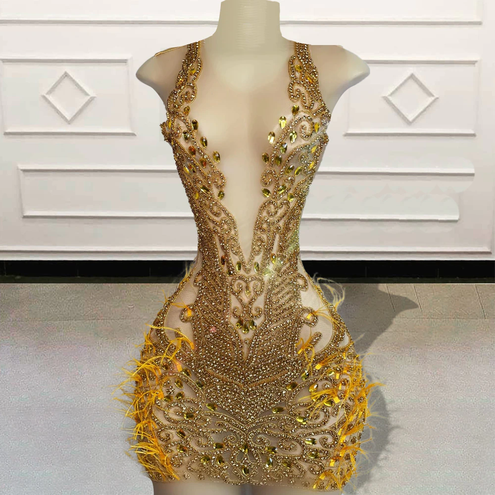 Glitter Beaded DIamond Women Gold Short Prom Dresses for Birthday Part