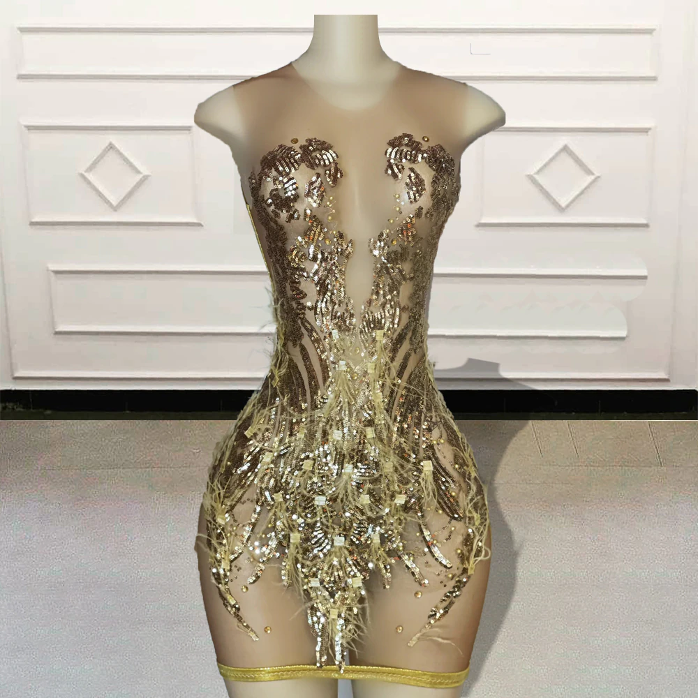 Robe de bal courte transparente dorée pour femme, paillettes scintillantes, plumes, mini robe de cocktail noire pour fête d'anniversaire, sur mesure