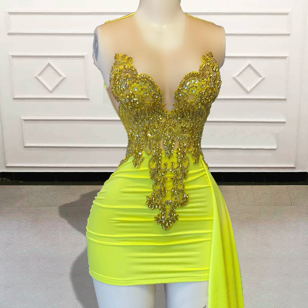 Robe de bal courte jaune sans manches, ornée de perles et de diamants, tenue de cocktail sexy noire pour fête d'anniversaire