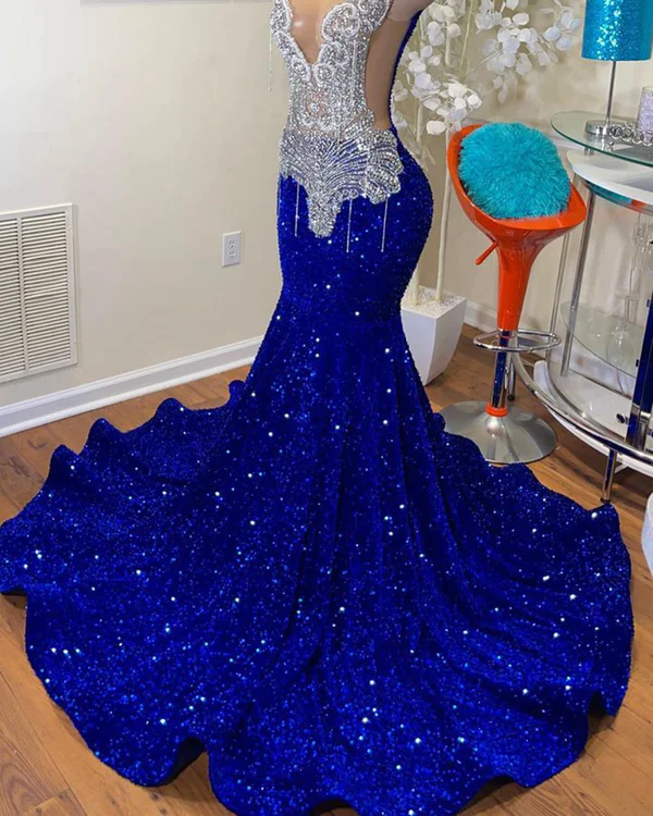 Vestido de fiesta largo azul real estilo sirena sexy con parte superior transparente, cristales plateados brillantes y diamantes negros para niñas.