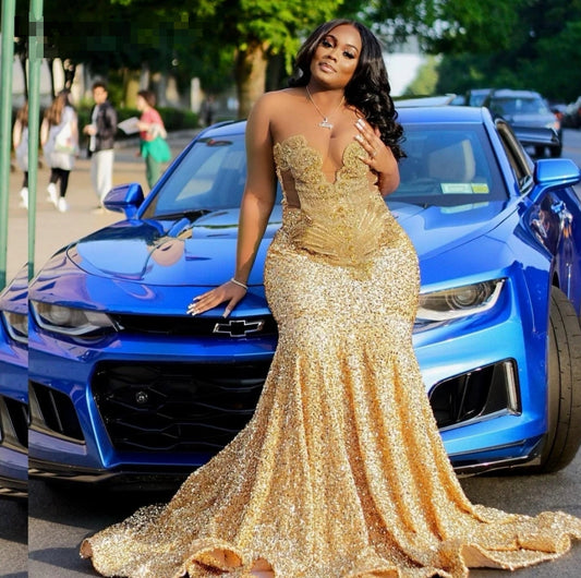 Gold Sequins Mermaid Prom Dress For Black Girls Crystal Rhinestone Beaded Party Gala Gown