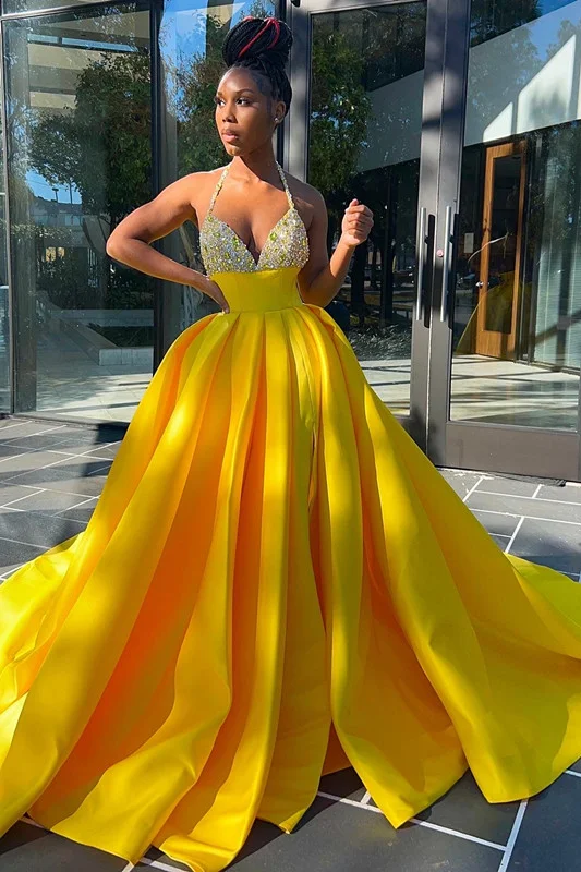 Robe de bal trapèze à paillettes jaunes glamour, col en V, sans manches et fendue