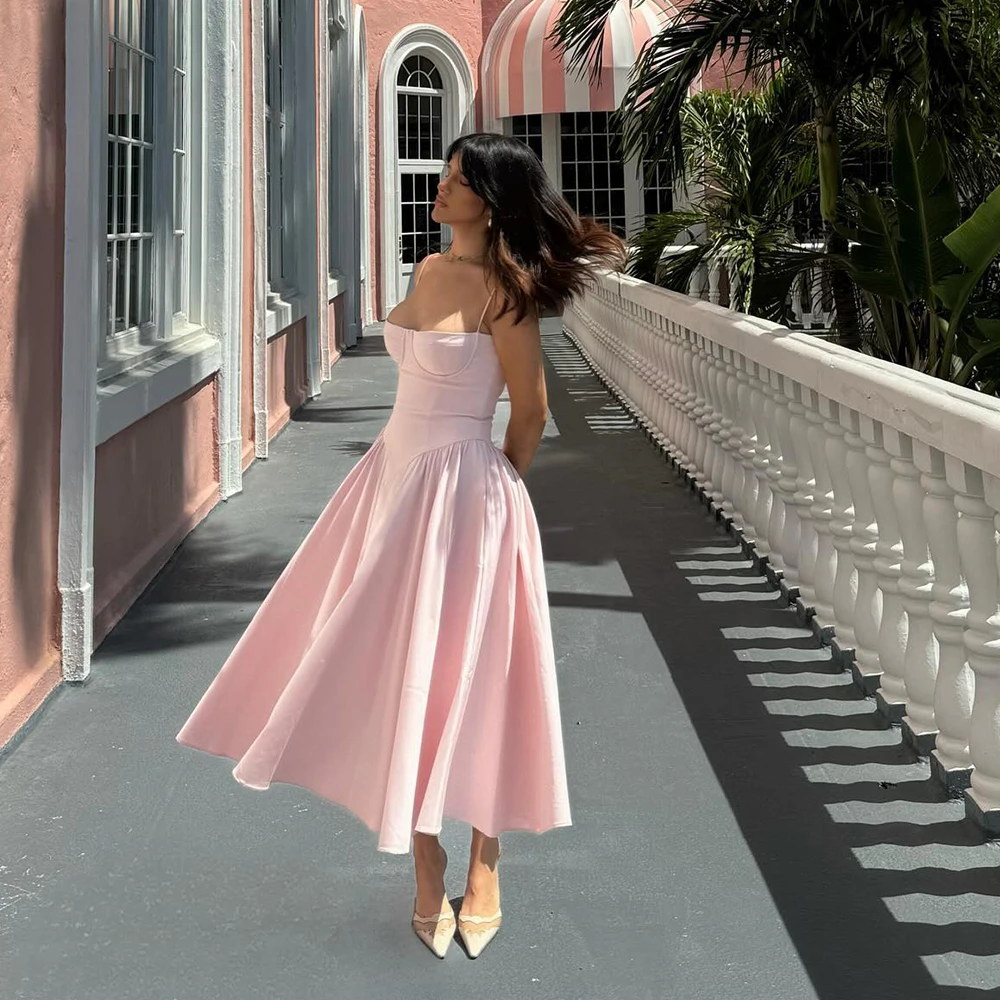Robe d'été rose, nouveautés, bretelles spaghetti, élégante, mi-longue, vêtements sexy pour femmes