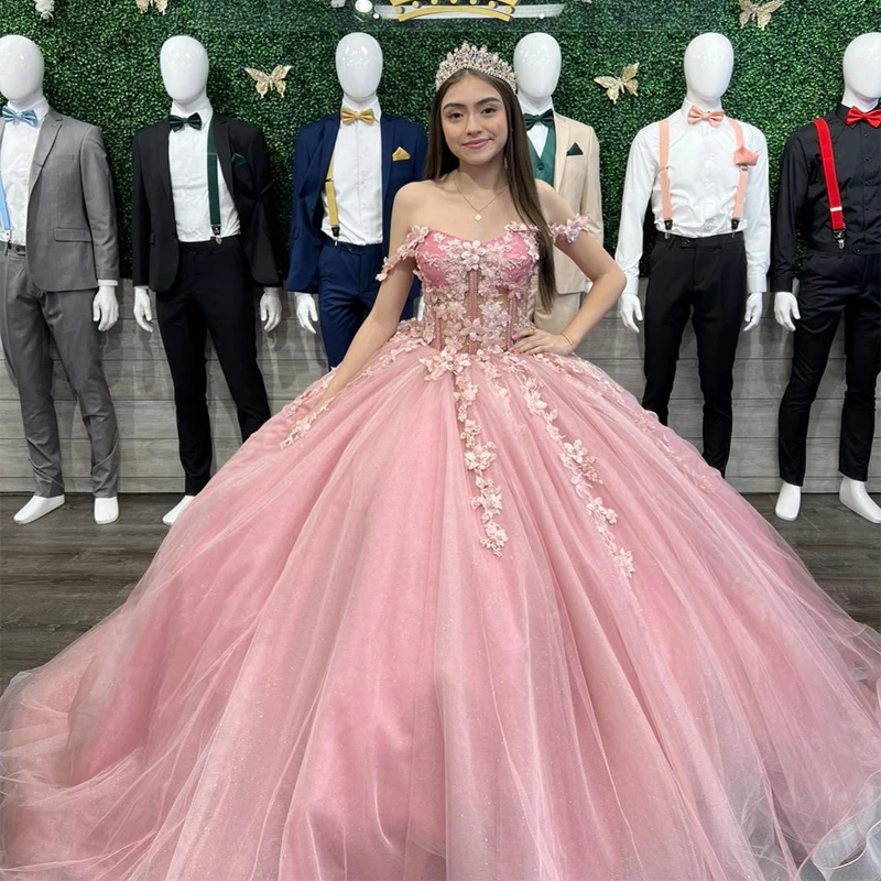 Robes De Quinceanera à fleurs roses, épaules dénudées, fleurs 3D, avec des Appliques en dentelle, robe De bal pour fête d'anniversaire, 15 ans