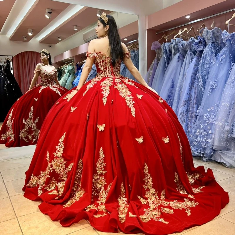 Red Ball Gown Quinceanera Dresses Sweet 16 Dress Tulle Gold 3D Flowers Bow