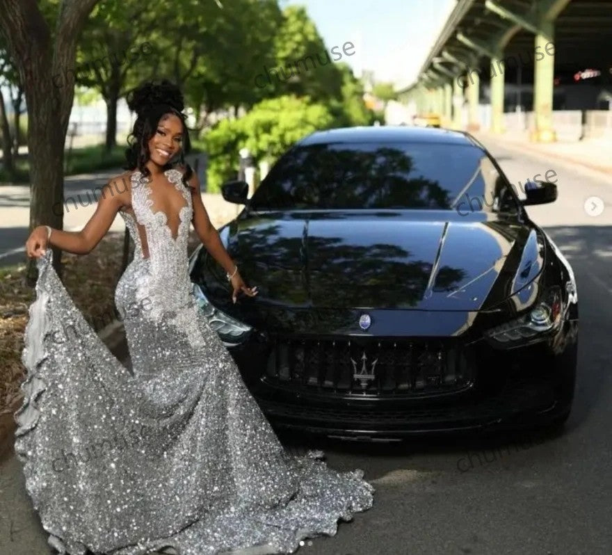Vestido de baile formal sereia prata diamante sexy menina preta brilhante