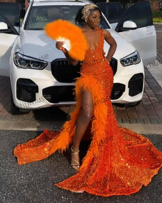 Orange Sparkly African Evening Reception Dresses