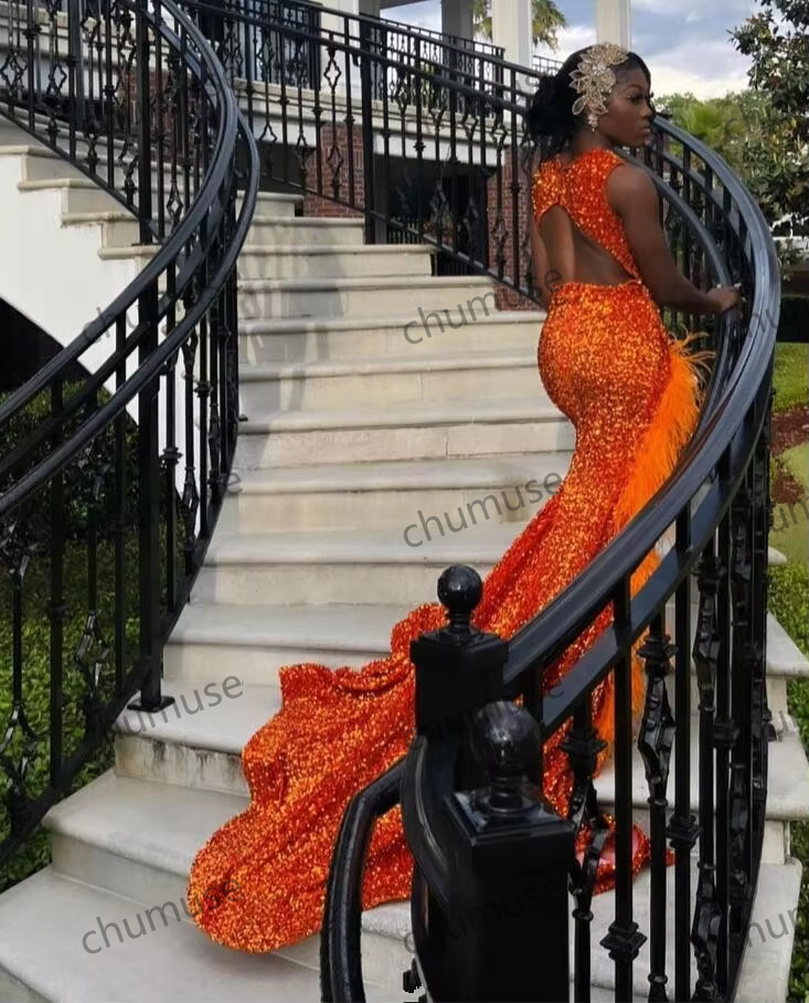 Orange Sparkly African Evening Reception Dresses
