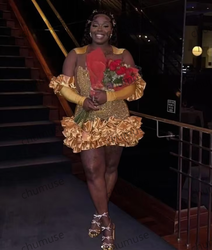 Gold Sparkly Short Prom Homecoming Dress