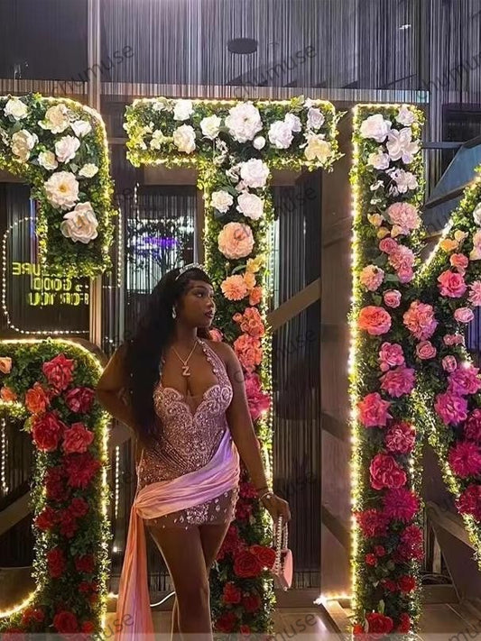 Sparkly Pink Diamonds Prom Dress Halter Glitter Bead Crystal Rhinestones Side Train