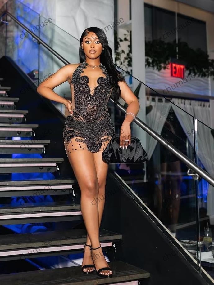 Vestido corto sexy con brillantes diamantes negros para fiesta de graduación, con cuentas de cristal y diamantes de imitación, para fiesta de cumpleaños, cóctel y regreso a casa, personalizado.