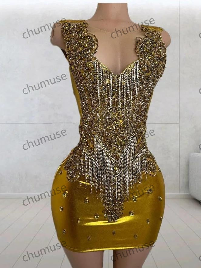 Charmantes robes de bal sirène dorées, robe de bal courte en cristal de diamant scintillant pour fille africaine noire