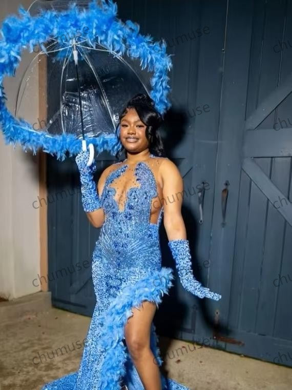 Robe de mariée sexy bleue à perles et plumes noires pour filles