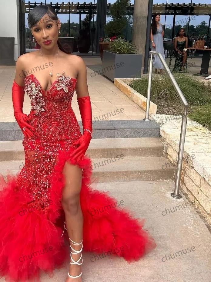 Sexy Black Girls Sequins Red Prom Dress Crystal Beaded High Slit Ruffles African Party