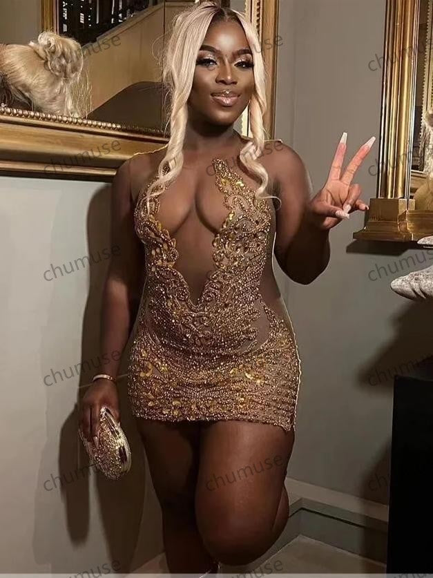 Vestido de fiesta con brillantes diamantes dorados para chicas negras, con cuentas brillantes y cristales de imitación, para fiesta de cumpleaños, cóctel, graduación y regreso a casa.