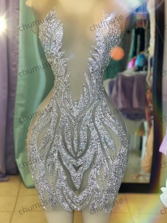 Vestidos afroamericanos cortos para fiesta de graduación y cumpleaños, de Gillter, de malla transparente brillante, para niña negra, vestido de cóctel de noche con cuentas de cristal plateadas