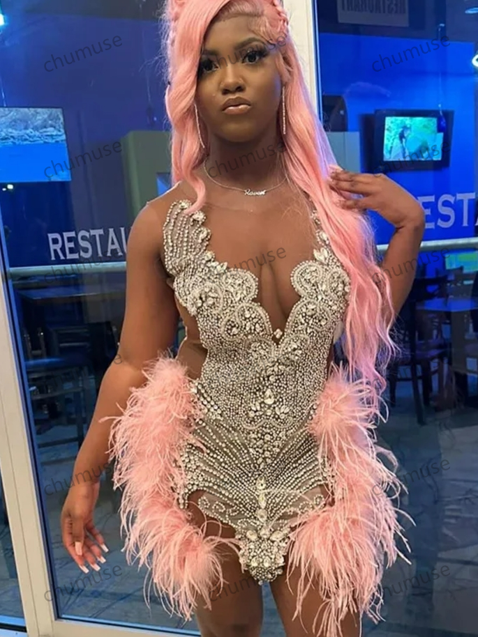 Robe de bal courte rose scintillante en cristal pour fille noire, robe de cocktail senior à strass scintillants, robe d'anniversaire à plumes