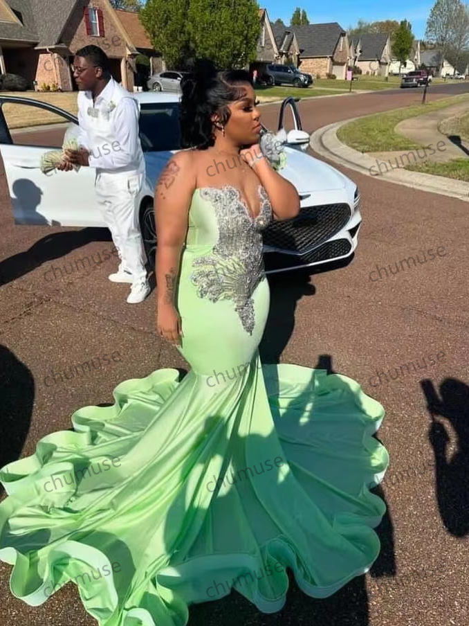 Vestido formal de sirena brillante verde menta para ceremonia de graduación, para niña negra, de lujo, con diamantes, para noche de cumpleaños y gala, talla grande
