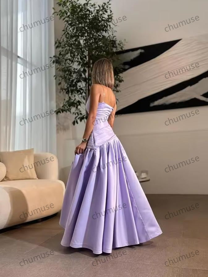 Lilac Prom Dresses Sleeveless Satin Evening Formal Dresses Ball Gowns